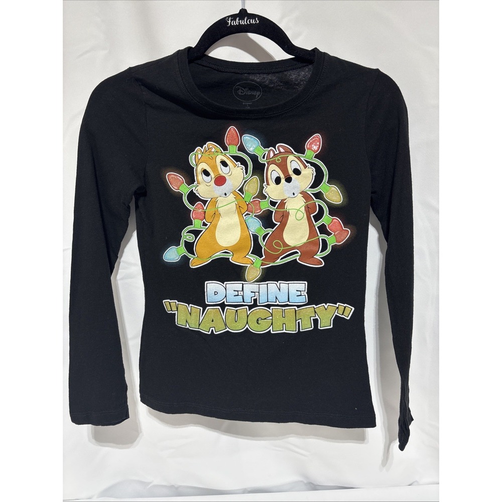 Disney Chip & Dale Holiday Christmas Child Black T Shirt Long sleeve Size L (14)